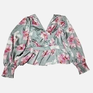 Express Floral Satin Peplum Top‎ Sage Green Pink Tie Back Balloon Sleeve Large